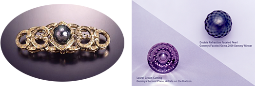 HANASHINJU of black south sea pearl . HANASHINJU , K18 Brooch for Japanese Kimono (left), Gem cutting contest in US  <Gemmys> awarded work · Double refraction cutting (right)